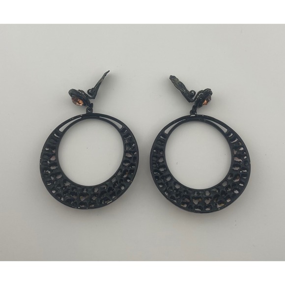 Vintage Rhinestone Hoop Clip Earrings Japanned Statement Jewelry Red Amber Black - Picture 3 of 5